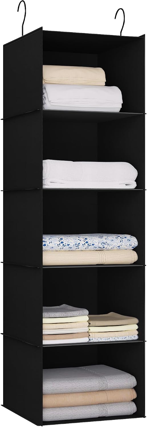 Hanging Closet Organizer 3-Shelf, Oxford Fabric Wardrobe Storage, Gray | Easy-mount foldable design holds clothes, handbags, shoes & accessories; washable Oxford fabric, sturdy and space-saving.