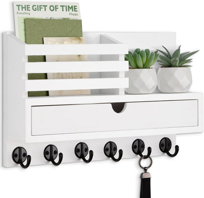 Key Holder Wall Mount, Mail Holder with Storage Drawer and 5 Key Hooks for Coat, Dog Leash, Home Decor Rack, House Accessories, Entry Way Organizer