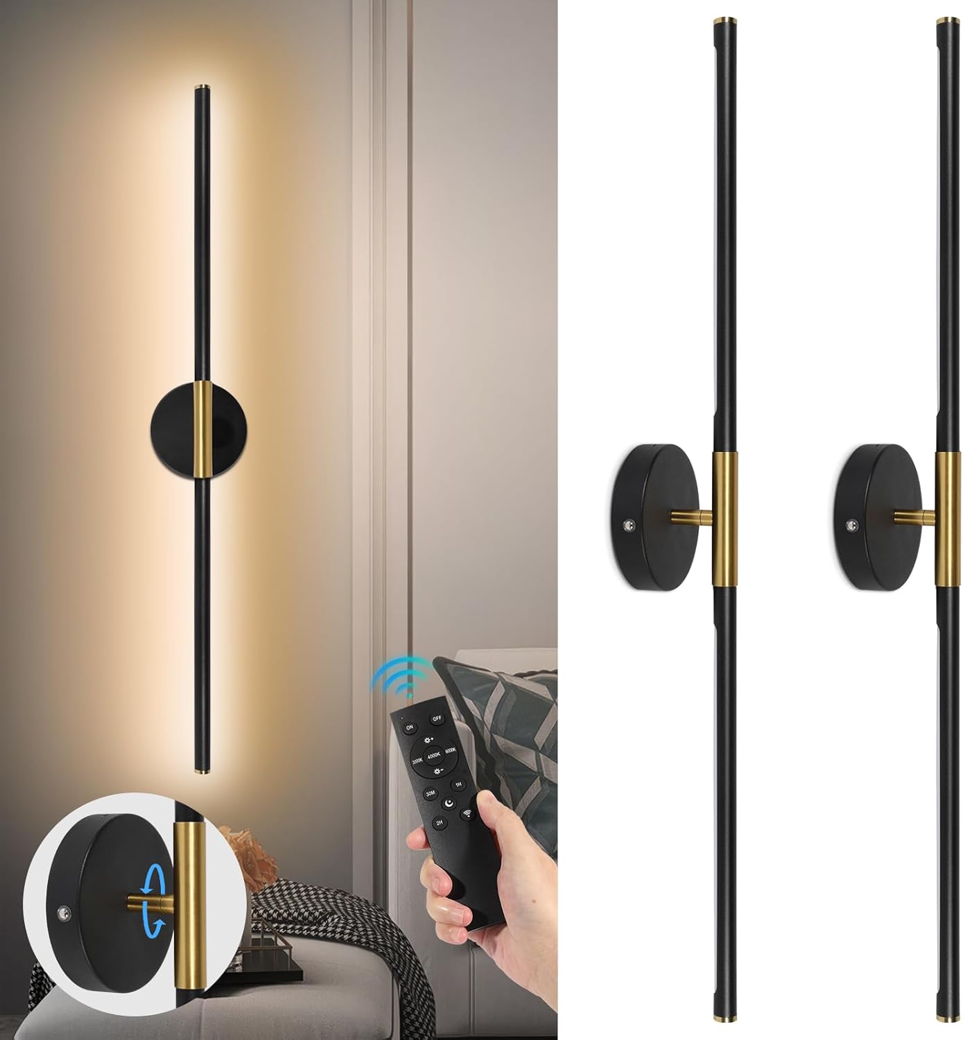 TaoFiaCo Battery Operated Wall Sconces Set of Two,Rechargeable Wall Sconces Set of 2 with Remote Control Dimmable Wall Light Decor for Living Room, Bathroom for, 24 Inch, Gold