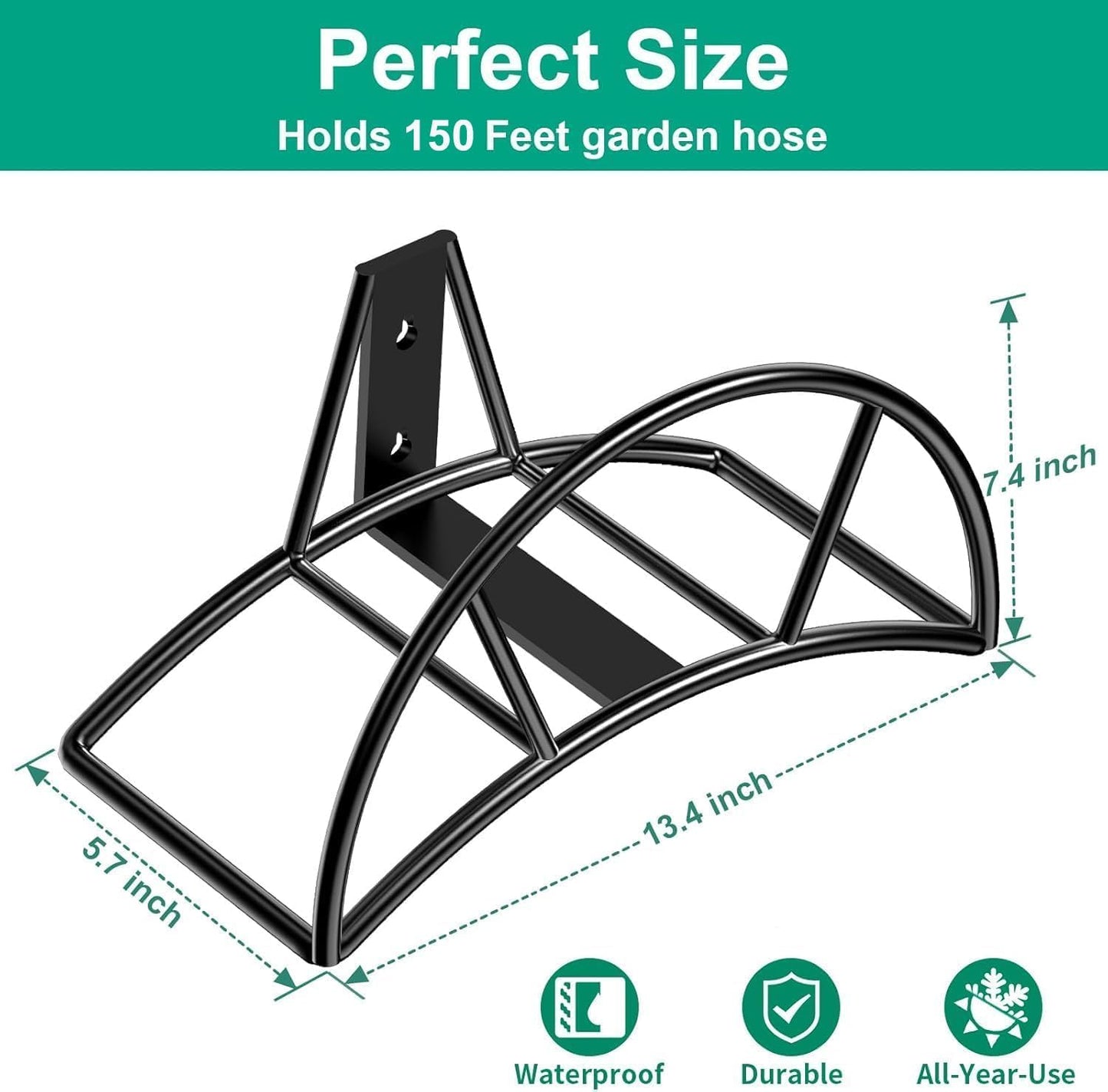 TomCare Garden Hose Holder Wall Mount Metal Water Hose Holder Holds 150Ft Hoses Heavy Duty Hose Hanger Sturdy Hoses Storage Organizer for Outside Yard Garden, Black