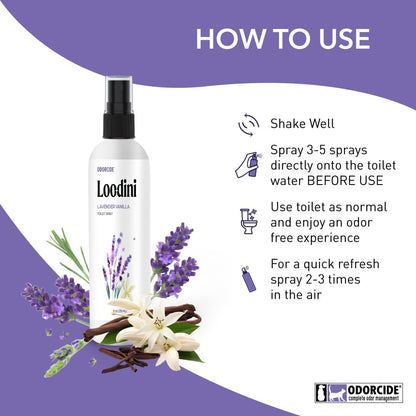 Odorcide Loo-Dini Lavender Vanilla 8oz Toilet Spray & Bathroom Spray – Use This Bathroom Spray Odor Eliminator Before You Go – Poop Spray For Toilet and Bathroom Air Freshener & Bathroom Deodorizer