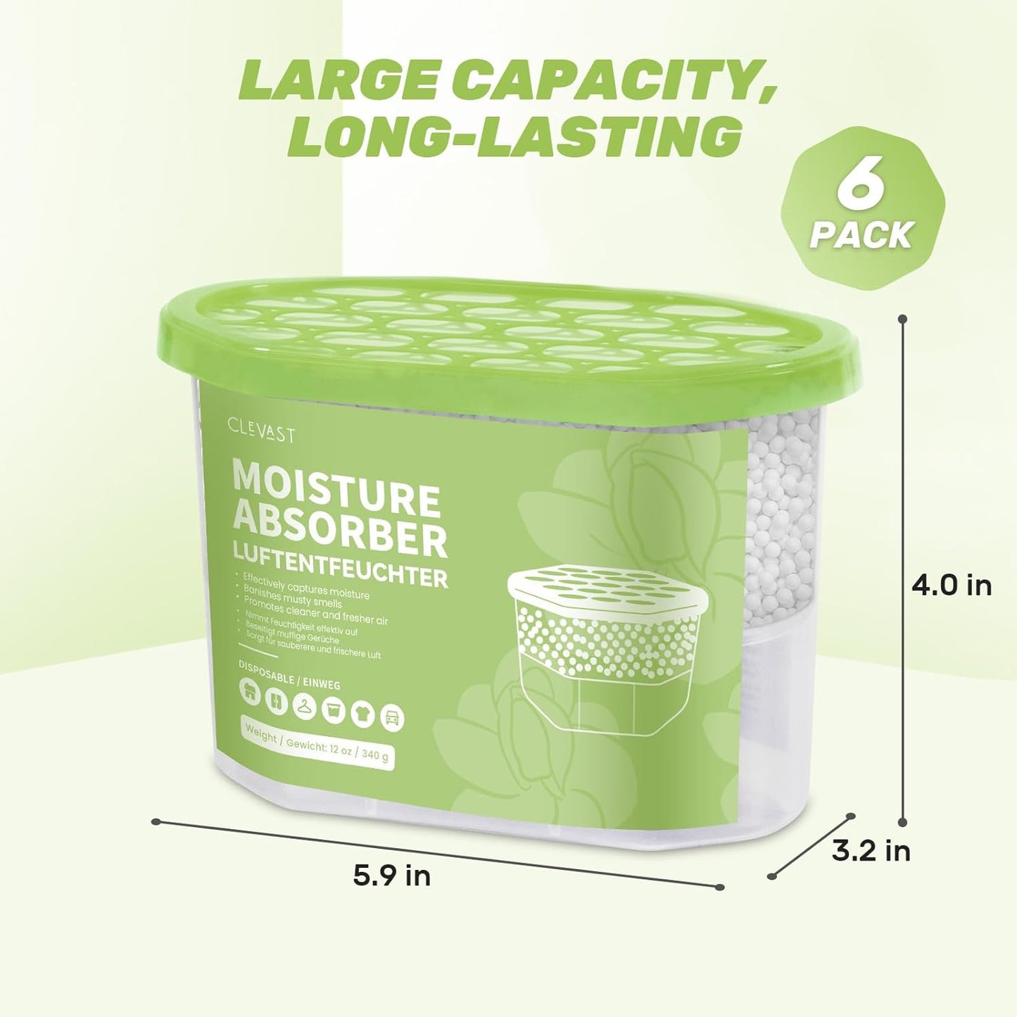 CLEVAST Moisture Absorber Boxes 6 Pack, 10 Oz Dehumidifier for Closet & Bathroom, Humidity Absorber for Wardrobe, Bedroom, RV & Car, Fragrance-Free Moisture Control, Unscented