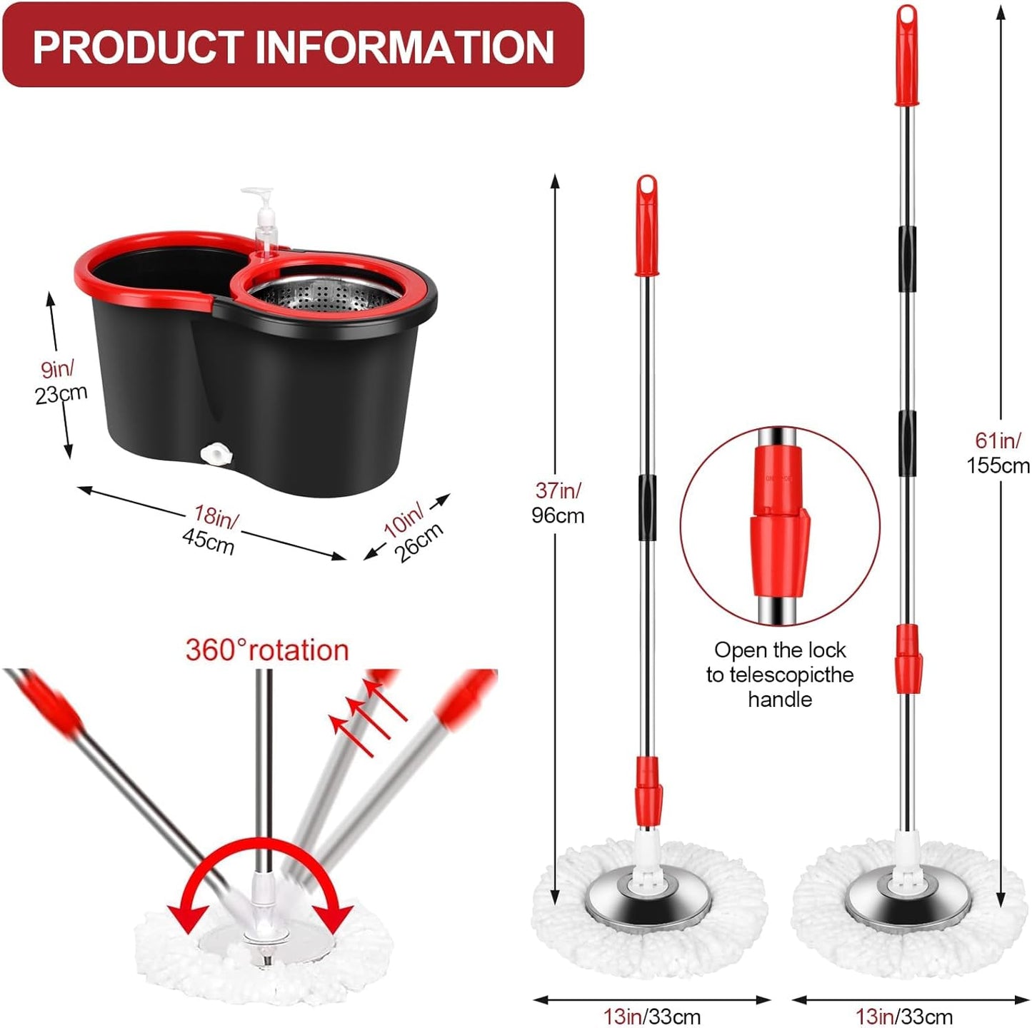 Spin Mop and Bucket with Wringer Set on Wheels, 360 Spinning Mop with Stainless Steel Handle for All Hard Surfaces, Floor Cleaning System with 3 Microfiber Replacement Heads, Black/Red