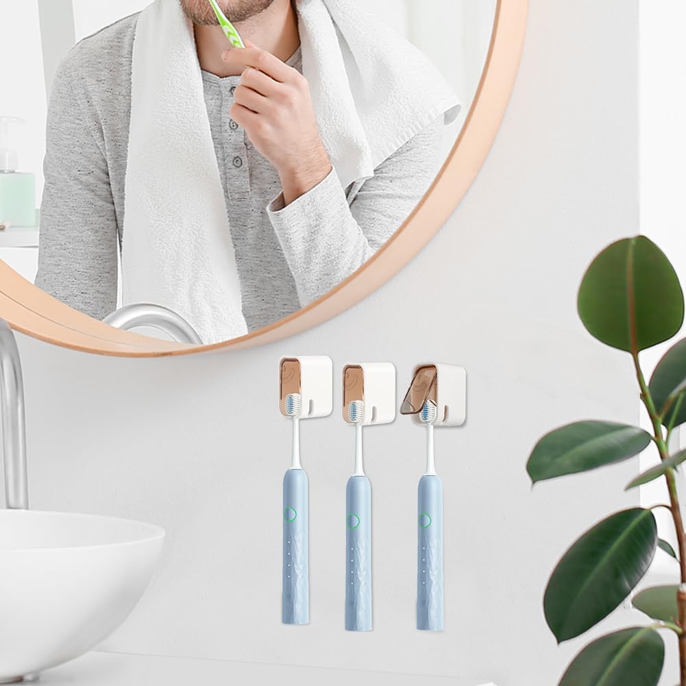 3PCS Toothbrush Holder Wall Mounted with Cover,Single Slot Electric Tooth Brushing Holder,Self Adhesive Hanging Toothbrush Organizer for Bathroom,Family,Travel(4.4 * 3 * 2.6cm,Color:Brown)