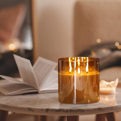 Eywamage 3 Wick Smoke Grey Glass Flameless LED Candle with Remote, Flickering Large Battery Pillar Candle Decor Φ 6" H 6"