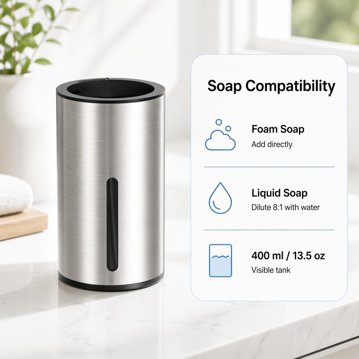 Automatic Foaming Soap Dispenser Touchless, 304 Stainless Steel Hand Soap Dispenser, USB Rechargeable, 4 Adjustable Levels, 13.5 oz (400 ml), for Kitchen & Bathroom (Black, Foam)