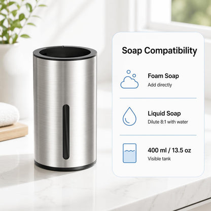 Automatic Foaming Soap Dispenser Touchless, 304 Stainless Steel Hand Soap Dispenser, USB Rechargeable, 4 Adjustable Levels, 13.5 oz (400 ml), for Kitchen & Bathroom (Black, Foam)
