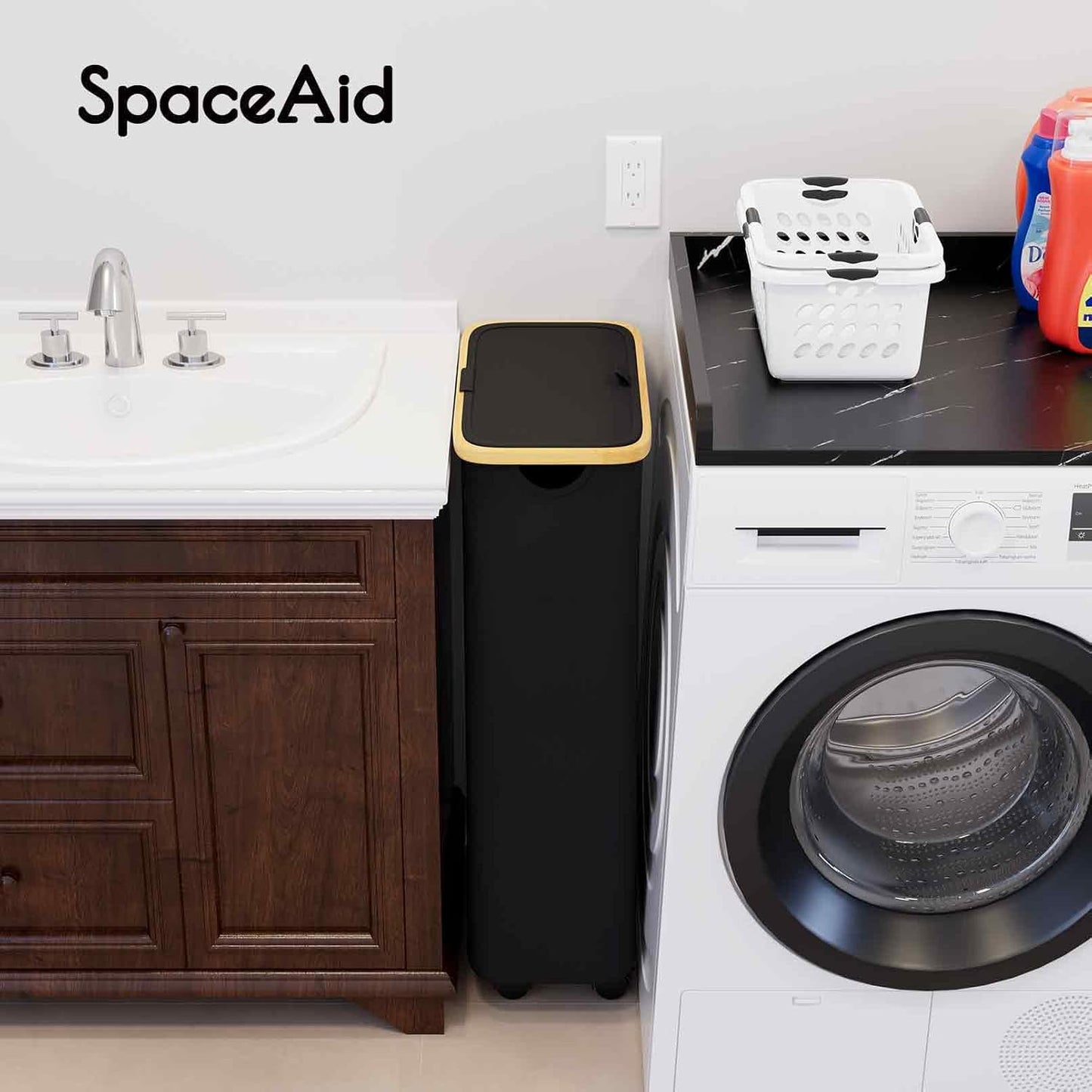 SpaceAid Double Laundry Hamper 2 Section with Lid and Removable Laundry Bags, 160L Clothes Basket with Bamboo Handles, Large Collapsible Hamper for Bedroom, Bathroom, Dorm, Laundry Room - White