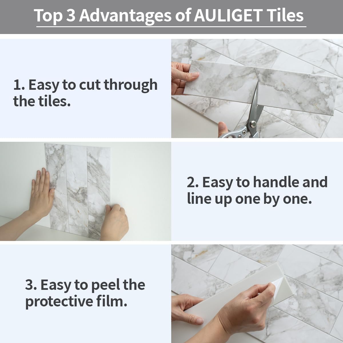 AULIGET 40-Piece Polished White Marble with Gold Peel and Stick Backsplash Wall Tiles, 3" x 12" PVC Faux Stone Stick on Tiles for Backsplash Kitchen, Bathroom, Laundry Room, Camper, Fireplace