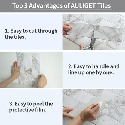 AULIGET 40-Piece Polished White Marble with Gold Peel and Stick Backsplash Wall Tiles, 3" x 12" PVC Faux Stone Stick on Tiles for Backsplash Kitchen, Bathroom, Laundry Room, Camper, Fireplace