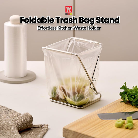 WAGENSTEIGER Foldable Stainless Steel Trash Bag Holder 13×17cm (5.12" × 6.69") Compact Countertop Waste Stand for Kitchen Food Prep, Desktop Use & Camping | Easy-Fold Space-Saving Bag Frame