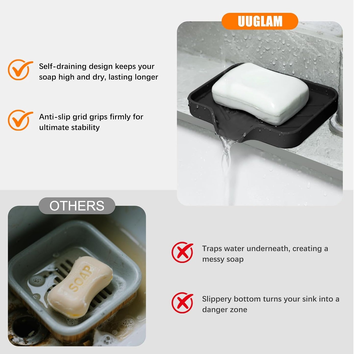 2 Pack Silicone Soap Dish, Self Draining Soap Dish, Non Slip Bar Soap and Sponge Holder for Bathroom Kitchen Sink Counter Organizer Easy to Clean Soap Tray Waterfall Soap Saver