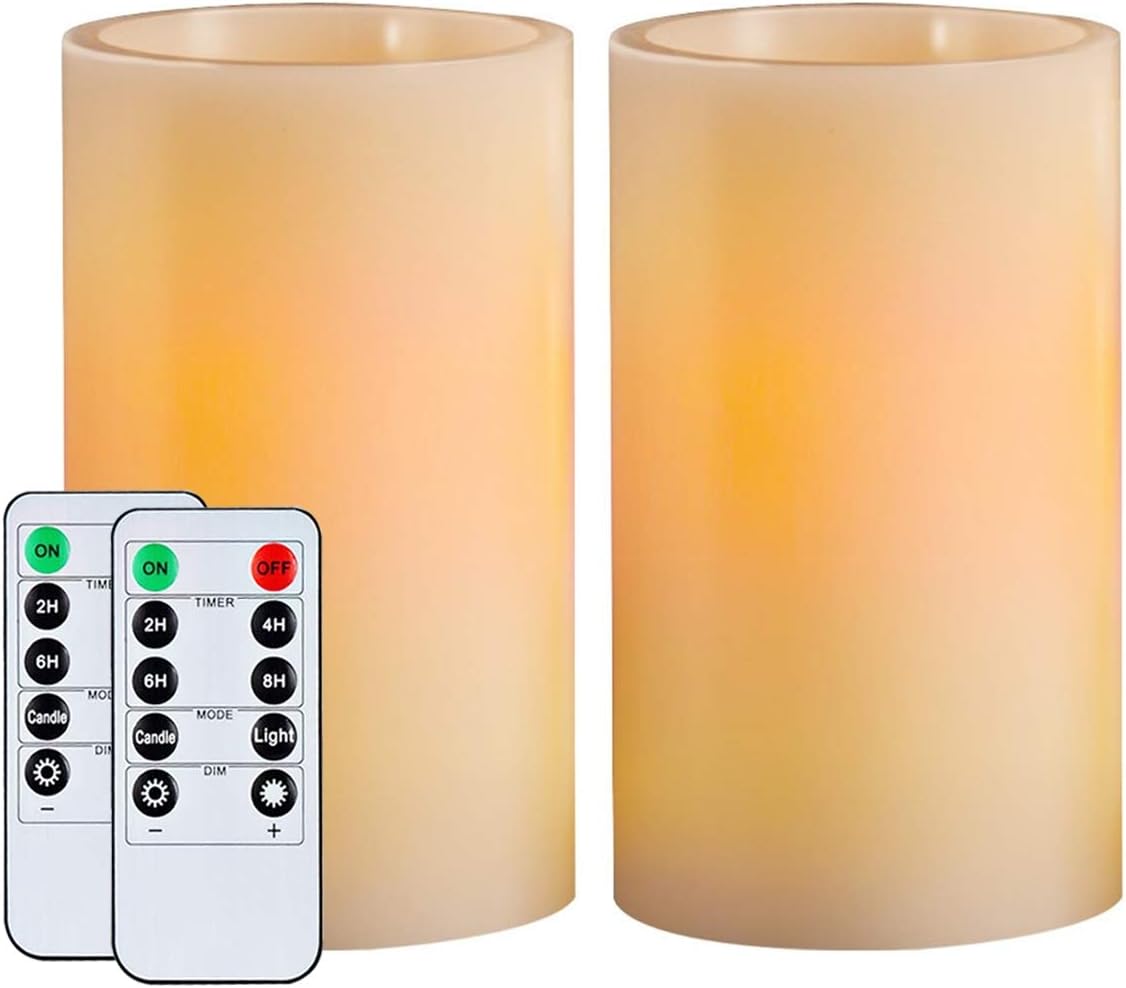 Homemory 9" x 3" Flameless Candles Battery Operated, Flickering LED Pillar Candles with Timers and 2 Remote Controls, Indoor Only, Flat Top, Ivory White Wax, Set of 2