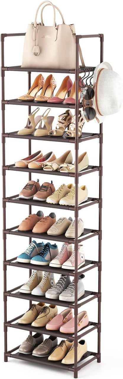 LANTEFUL 10 Tiers Tall Shoe Rack 20-25 Pairs Boots Organizer Storage Sturdy Narrow Shoe Shelf for Entryway, Closets with Hooks, Black