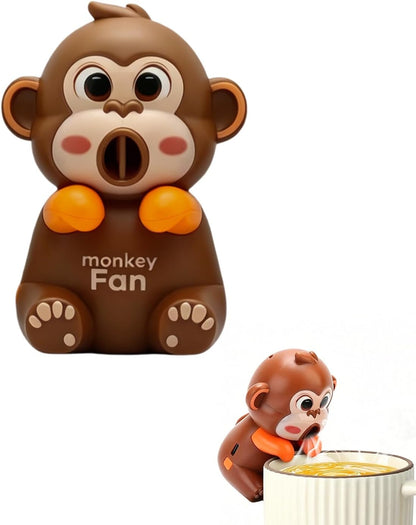 Portable Mini Clip-On Cooling Fan for Cups - 3 Speeds, Rechargeable, Featuring Red Panda, Monkey & Panda Styles, Suitable for Soup, Coffee, Tea, Kitchen, Office, and Dorm Room (Monkey)