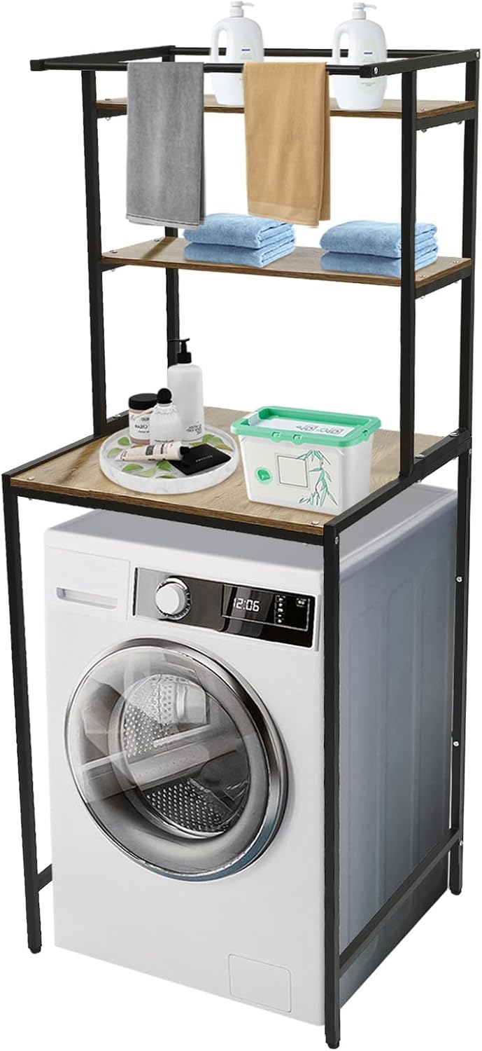 3-Tier Over Washer and Dryer Storage Shelf - Adjustable Heavy Duty Laundry Organizer with Sturdy Wooden Shelves - Space Saver for Bathroom, Balcony & Utility Room (Black+Oak)