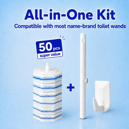 Toilet Wand Starter Kit – Disposable Toilet Bowl Brush Cleaning System, 50 Scrubbing Refills, Wand Handle & Wall-Mounted Hook