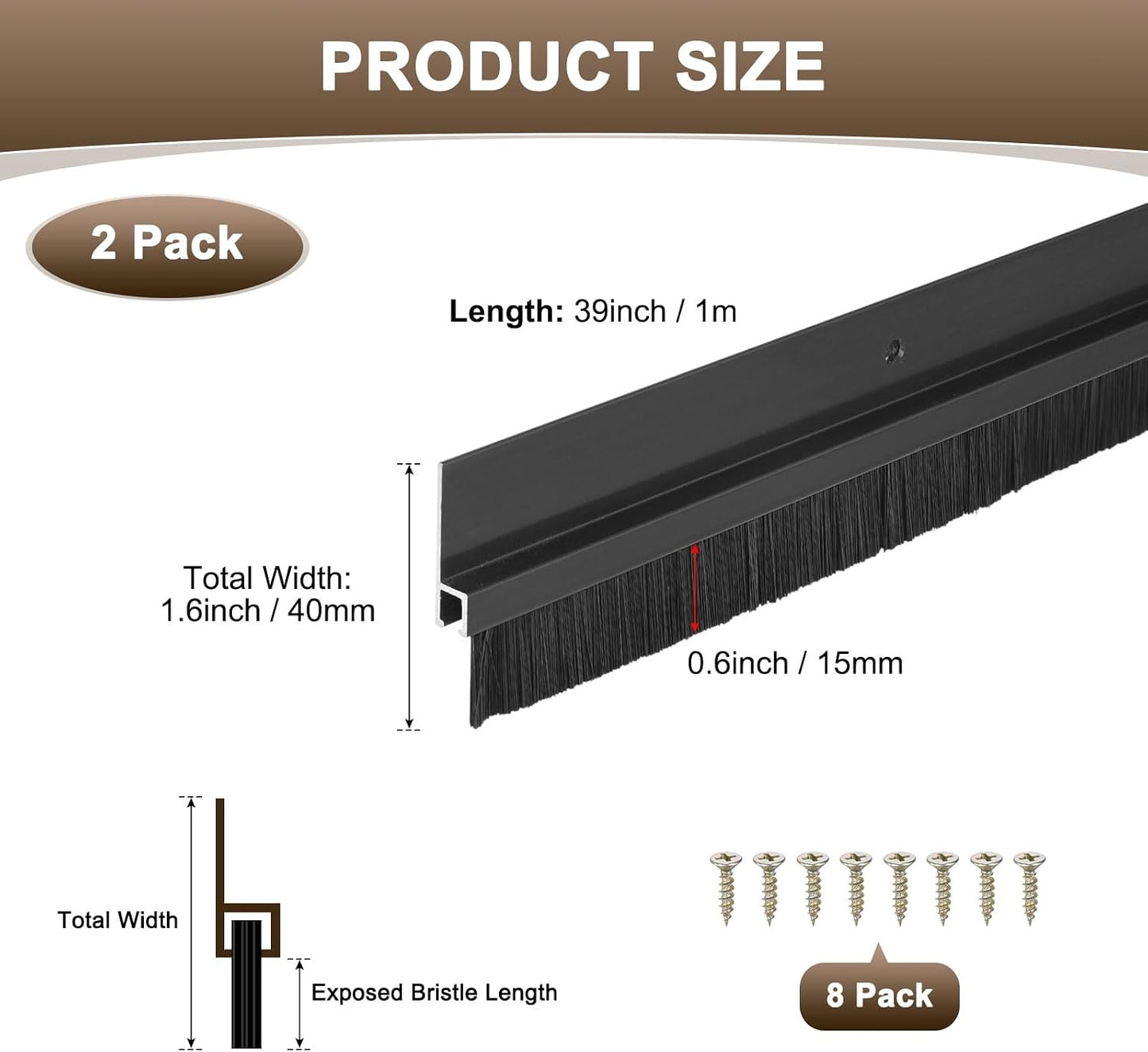 M METERXITY 2Pack Door Sweep - 39" Door Bottom Brush Heavy Duty Seal Draft Stopper Aluminum Base with 50mm Brush, Adhesive/Screw Installation for Interior/Exterior/Garage/Sliding Doors, Black
