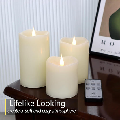 TECHLONG Flameless Candles Battery Operated with Remote Timer, 3D Moving Flame Flickering, Last 600+ Hours Battery Candles, 3" x 3" Ivory Real Wax Electric LED Candle for Wedding Party, Set of 2