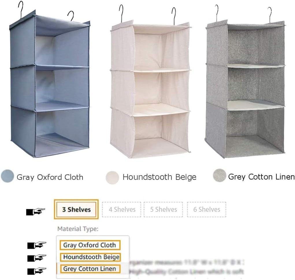Hanging Closet Organizer 3-Shelf, Oxford Fabric Wardrobe Storage, Gray | Easy-mount foldable design holds clothes, handbags, shoes & accessories; washable Oxford fabric, sturdy and space-saving.