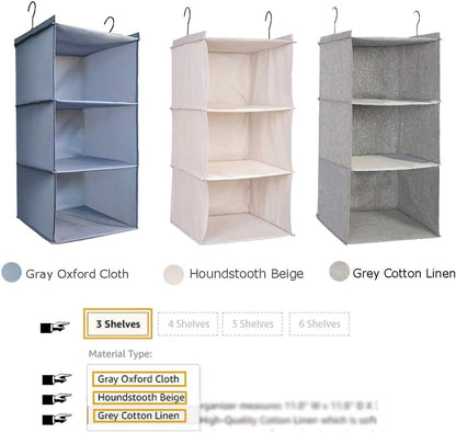 Hanging Closet Organizer 3-Shelf, Oxford Fabric Wardrobe Storage, Gray | Easy-mount foldable design holds clothes, handbags, shoes & accessories; washable Oxford fabric, sturdy and space-saving.
