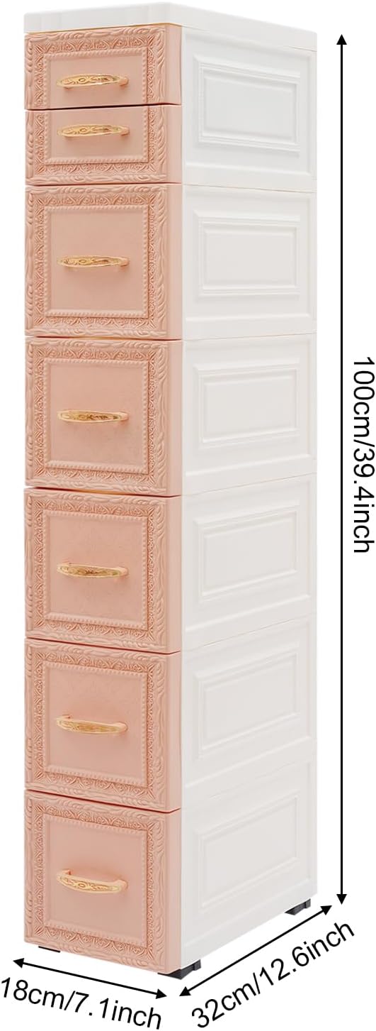 8 Drawers Narrow Storage Cabinet with Wheels,Slim Floor Cabinets,Rolling Organizer Cart for Small Spaces,Pink
