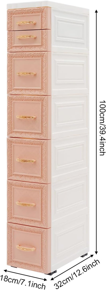 8 Drawers Narrow Storage Cabinet with Wheels,Slim Floor Cabinets,Rolling Organizer Cart for Small Spaces,Pink
