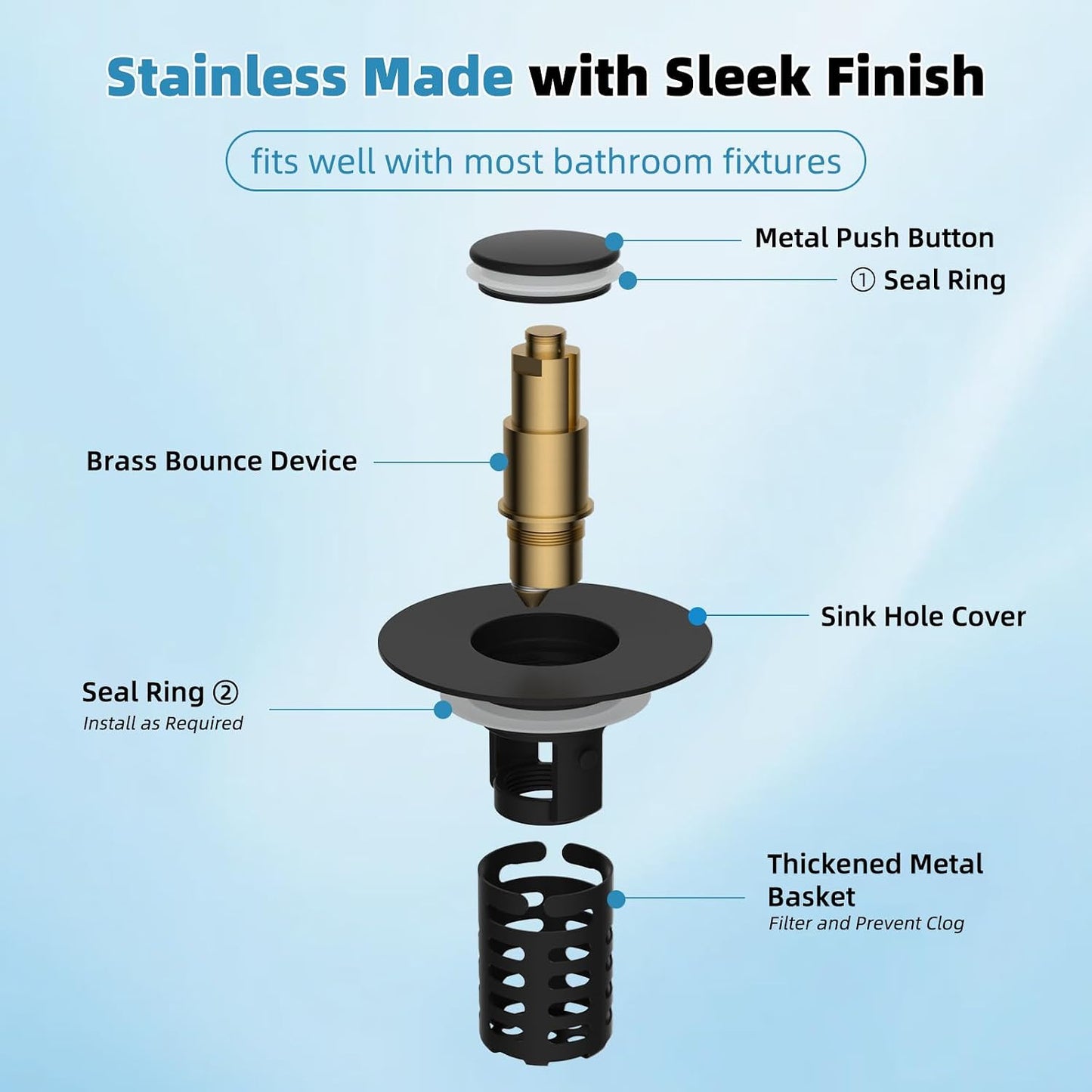 Universal Metal Bathroom Sink Drain Strainer Hair Catcher Upgraded 3 in 1 Pop-up Sink Stopper, with Detachable Stainless Steel Filter Basket, Fit for Standard 1.1''~2.36'' Basin Hole, Brushed Nickle