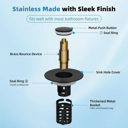Universal Metal Bathroom Sink Drain Strainer Hair Catcher Upgraded 3 in 1 Pop-up Sink Stopper, with Detachable Stainless Steel Filter Basket, Fit for Standard 1.1''~2.36'' Basin Hole, Brushed Nickle