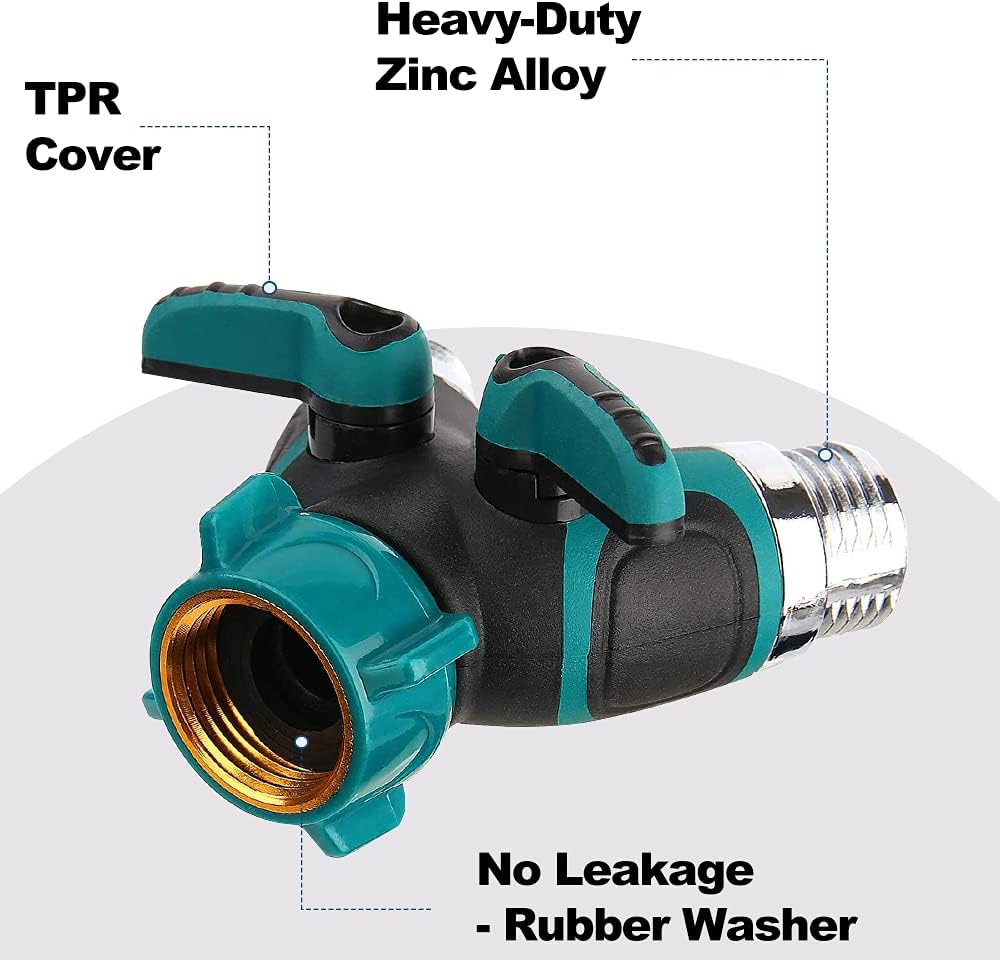 Water Splitter 2 Way Heavy Duty, 3/4" Garden Hose Splitter Y Way Connector 2 Valves Rubberized Grip with 2 Kink Free Faucet Extension Hose Protector 10 Rubber Washers