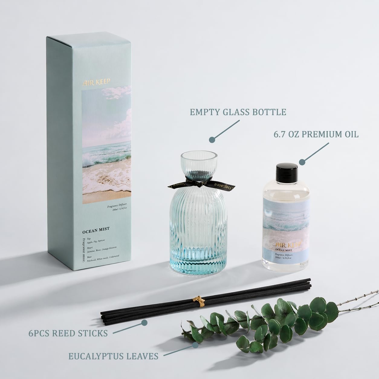 Airkeep Reed Diffuser Set 6.76 oz – Cherry Blossom Home Fragrance with Eucalyptus Sticks – Decorative Glass Bottle for Bathroom, Bedroom & Living Room Décor – Gift Ready