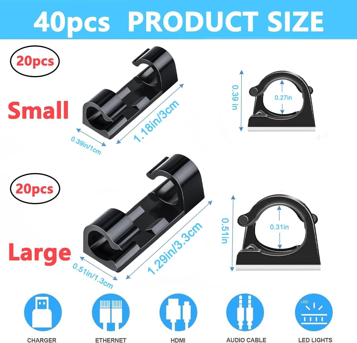 40 PCS Cable Clips (Small & Large),Adhesive Cable Clips for Wall,Finisher Wire Clamp for TV PC Laptop,Cable Management Clips Outdoor Light Clips