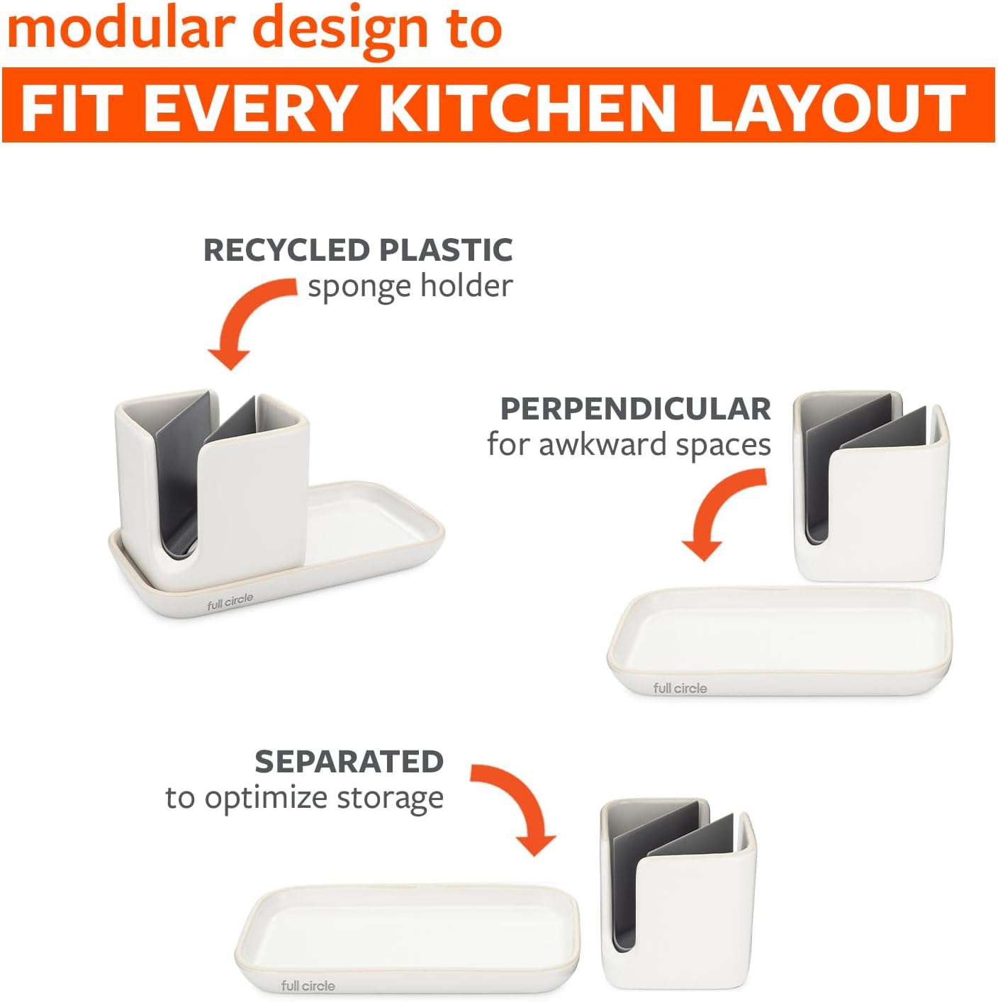 Full Circle Stash, Ceramic Kitchen Sink Caddy, Stylish Sponge Holder & Dish Brush Organizer, Easy to Clean, Dishwasher Safe, Rustproof, White and Gray, 11"