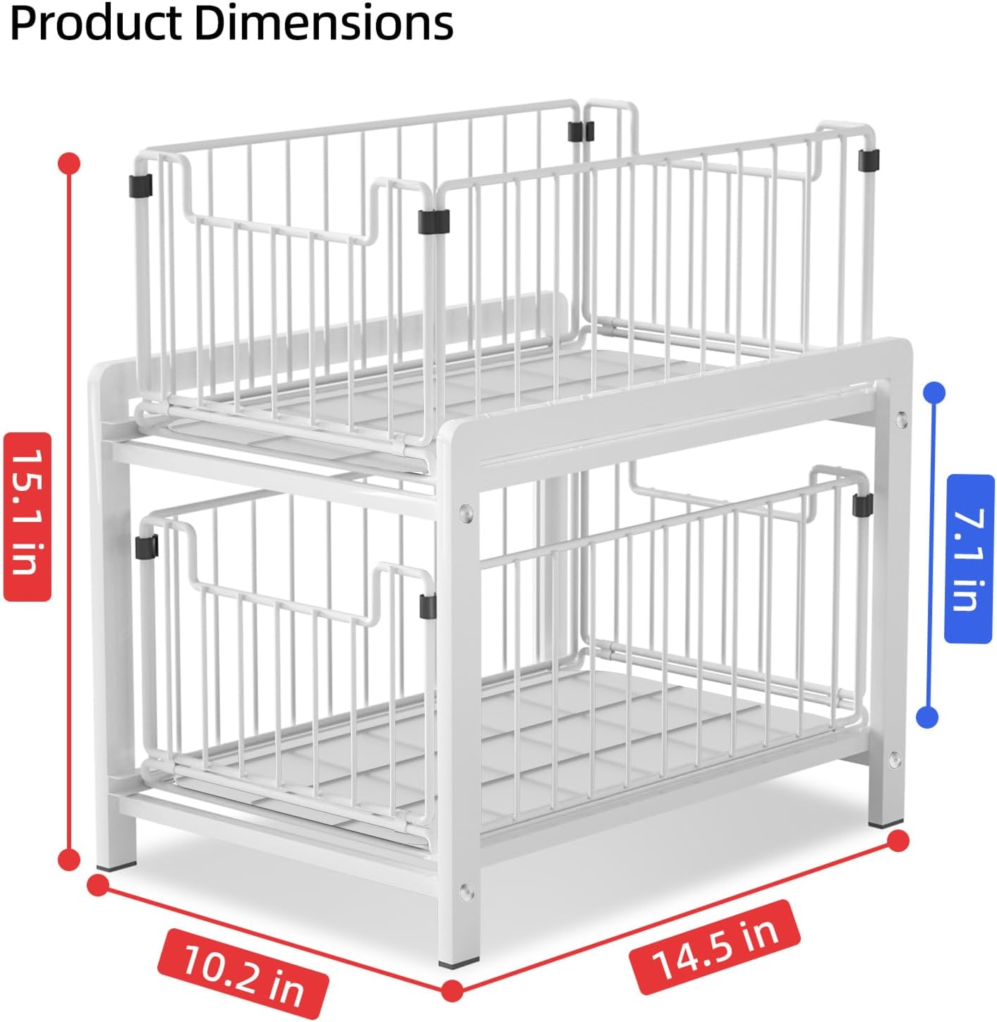 2 Tier Sliding Basket Drawer Organizer, Lxmons Pull Out Under Sink Cabinets Organizers, Metal Home Shelf for Bathroom or Kitchen, Sliding Countertop or Pantry Storage Shelf, Large Black