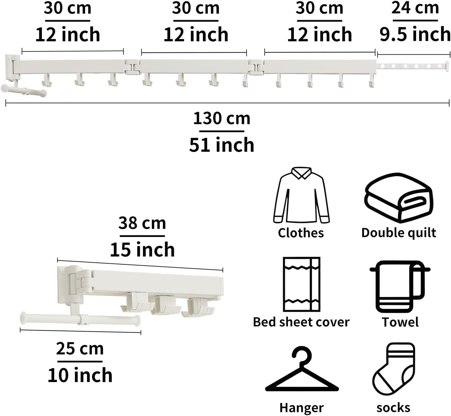 JOOM Clothes Drying Rack Wall Mounted,Folding Clothes Drying Rack,Retractable,Collapsible(Tri-Fold,Upgrade Hook),Wall Mounted Drying Rack for Laundry Balcony Bathroom (White)