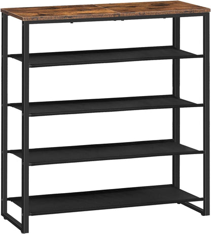 HOOBRO Shoe Rack, 4 Tier Shoe Storage Organizer with 3 Oxford Fabric Shelves and Top Panel, Holds 12-16 Pairs of Shoes for Entryway and Closet, Industrial, Rustic Brown BF47XJ01G1