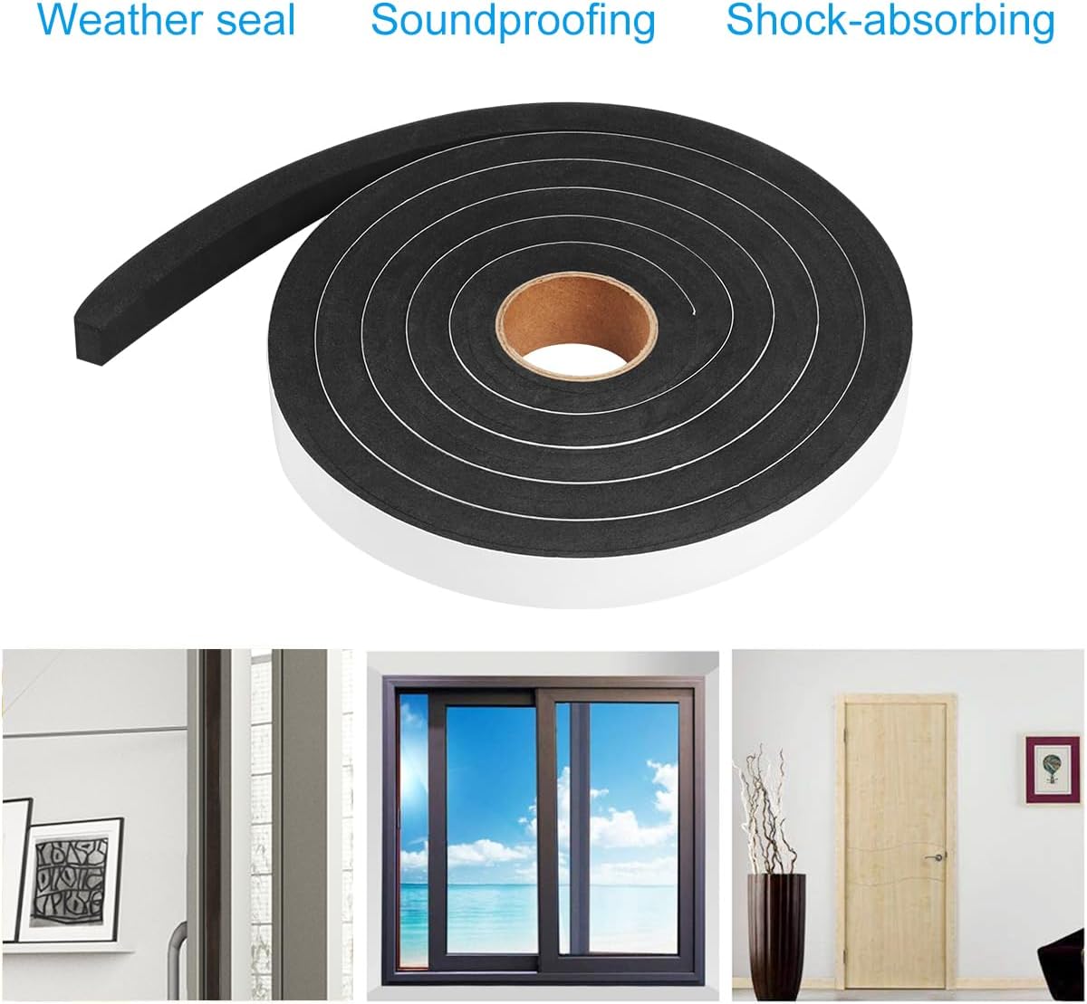 Seal Foam Tape,1/2 Inch W x 1/8 Inch T Weather Stripping for Door and Window,High Density Single Sided Closed Cell Door Insulation Weather Strip, 3 Rolls Total 50FT Black