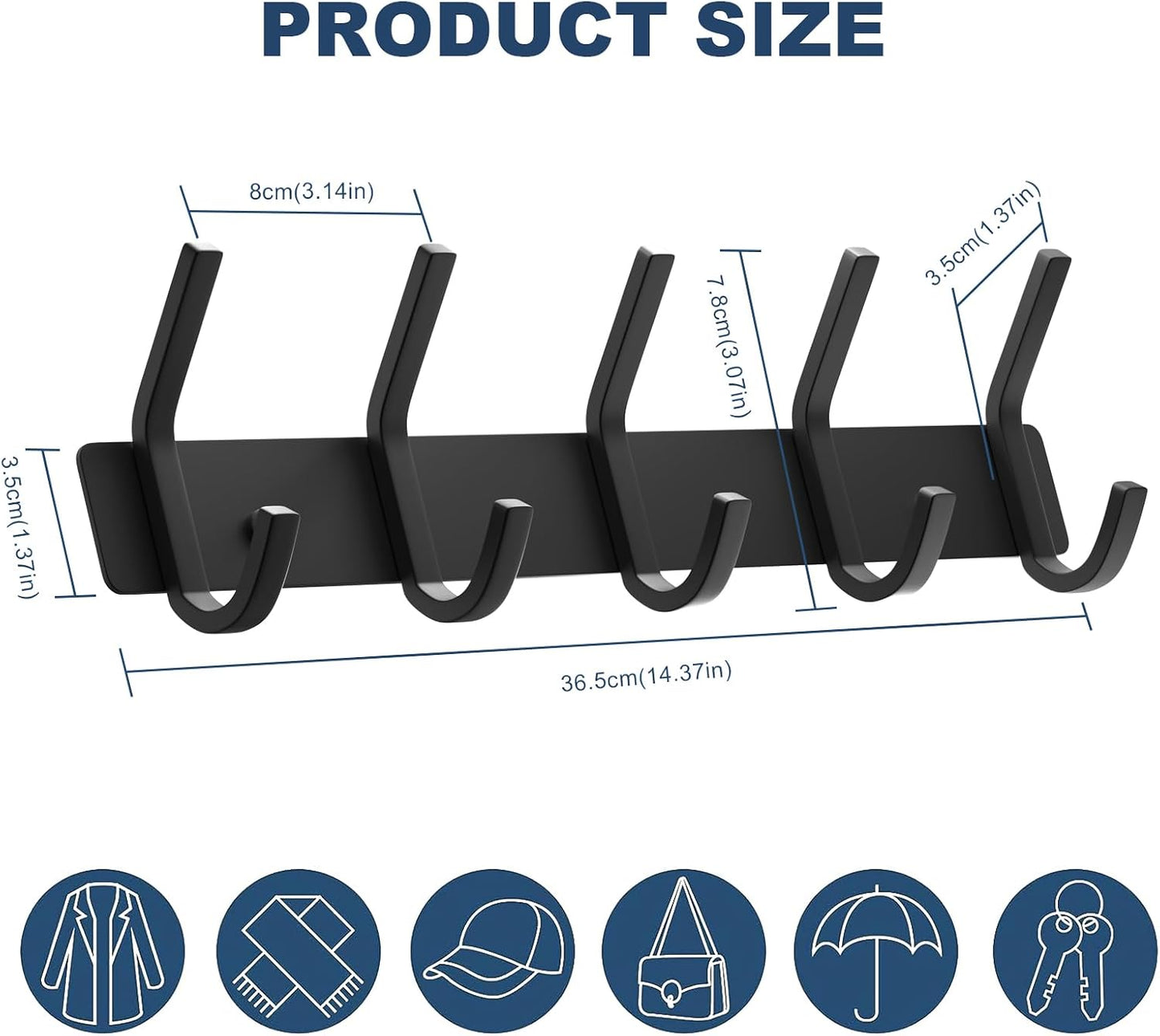 VAEHOLD Black Hat and Coat Wall Mount Rack - 3 Hooks for Robes, Bags, Keys, and Towels - Bathroom Towel Hanger Organizer (1 Pack)