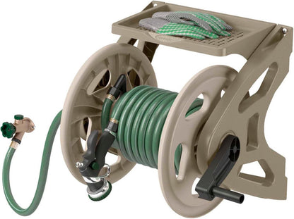 Suncast Slide Trak Garden Hose Reel, Wall-Mount Holder with Storage Tray, Dark Taupe - Outdoor Mounted Organizer for 175 Ft of 5/8" Standard Vinyl Water Hoses in Lawn and Yard