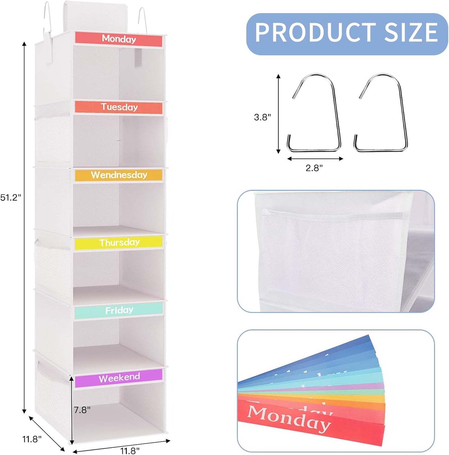 Fixwal 2 Pack 6-Shelf Weekly Hanging Closet Organizer for Kids, Kids Daily Clothes Organizers with 6 Side Pockets, Days of The Week Hanging Storage Shelves (White)