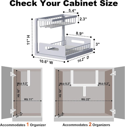 REALINN Under Sink Organizer, Pull Out Cabinet Organizer, 2 Tier Metal Slide Out Shelf with L Shaped Design for Kitchen, Bathroom, Laundry, and Utility Cabinet Storage for Deep Cabinets, White, 2 Pack
