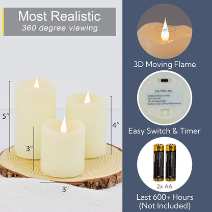 TECHLONG Flameless Candles Battery Operated with Remote Timer, 3D Moving Flame Flickering, Last 600+ Hours Battery Candles, 3" x 3" Ivory Real Wax Electric LED Candle for Wedding Party, Set of 2