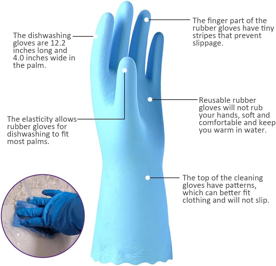 Alimat PluS 3 Pack Reusable Cleaning Gloves Latex Free, Dishwashing Gloves with Cotton Flock Liner and Embossed Palm, Waterproof Household Gloves for Laundry, Gardening (Medium)