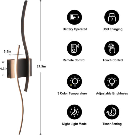 KARTOOSH Battery Operated Wall Sconces Set of Two with Remote Control, Dimmable/3 Colors/Night-Light/Timer/Memory, Gold Modern Wireless LED Sconce for Living Room, Hallway, Bedroom, 27.5 Inch (2 Pack)