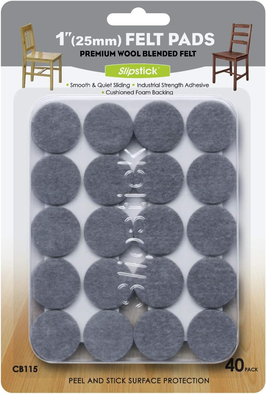 Slipstick Premium Wool Felt Furniture Pads/Floor Protectors (1 Inch Round Value Pack) Includes 40 Heavy-Duty Felt Chair Leg Pads with Self-Stick Adhesive, Gray, CB115