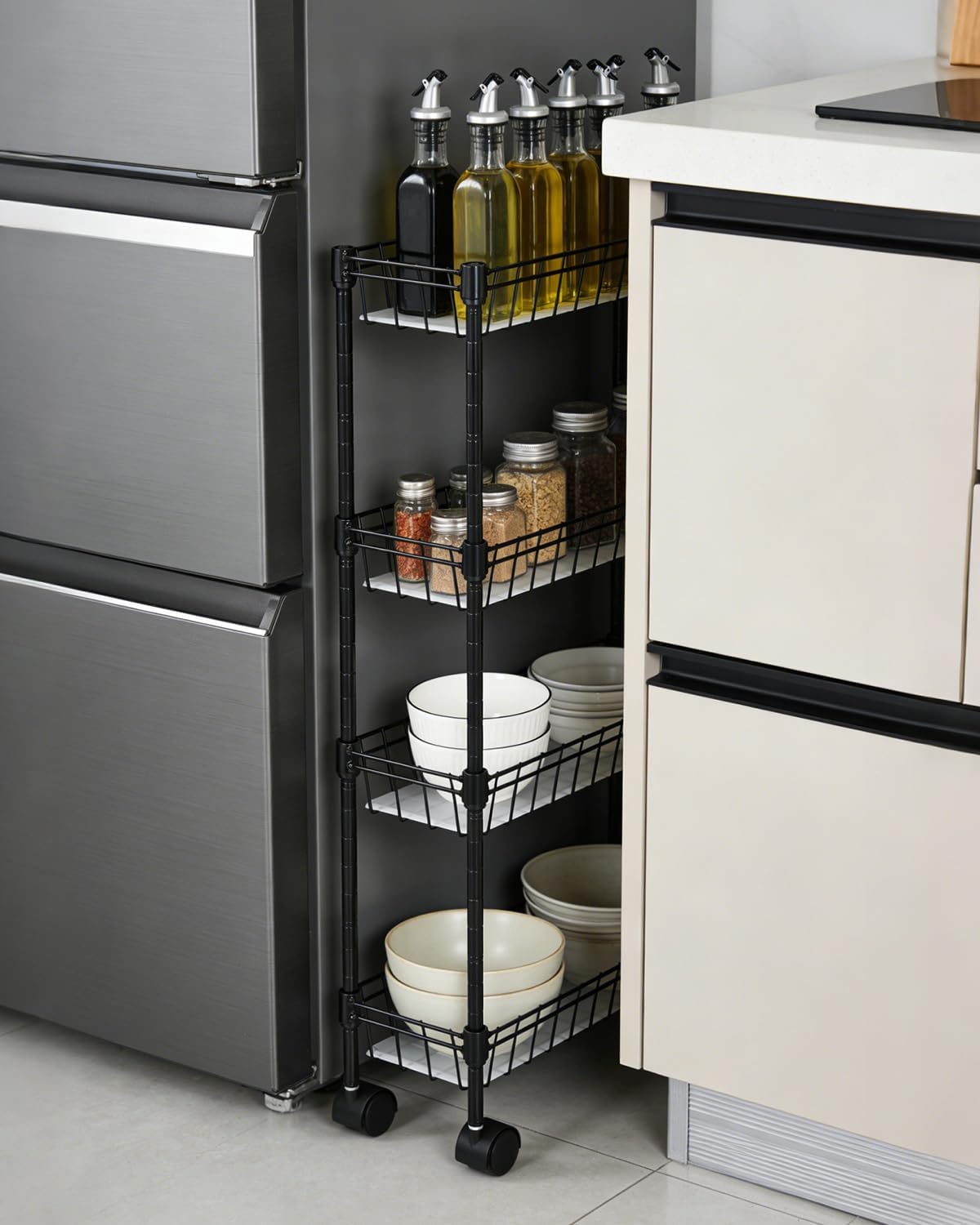 Slim Storage Cart 3 Tier, Bathroom Organizer Rolling Utility Adjustment Shelf for Small Spaces, Kitchen, Dining Room, Living Room, Bathroom, Black