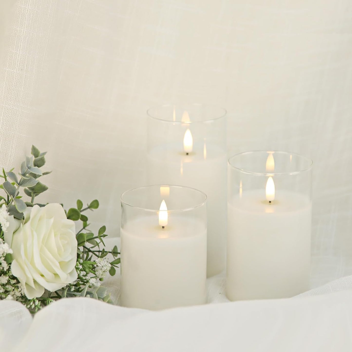 Blue Flameless Candles with Remote, Real Wax Glass Battery Operated Candles with Timer, LED Pillar Candle for Bedroom Home Wedding Birthday Party Fall Halloween Christmas Decorations, Set of 3