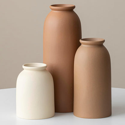 Ceramic Vase Set-3, Small Flower Vases for Decor, Modern Boho Farmhouse Style, Decorative Vases for Pampas Grass & Dried Flowers, Distressed Finish (Beige)