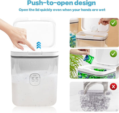 5.5L Laundry Detergent Dispenser with One-Press Lid, Laundry Powder Container for Laundry Room Organization and Storage Pod and Airtight Dishwasher Pod Holder for Bead Powder 1pack