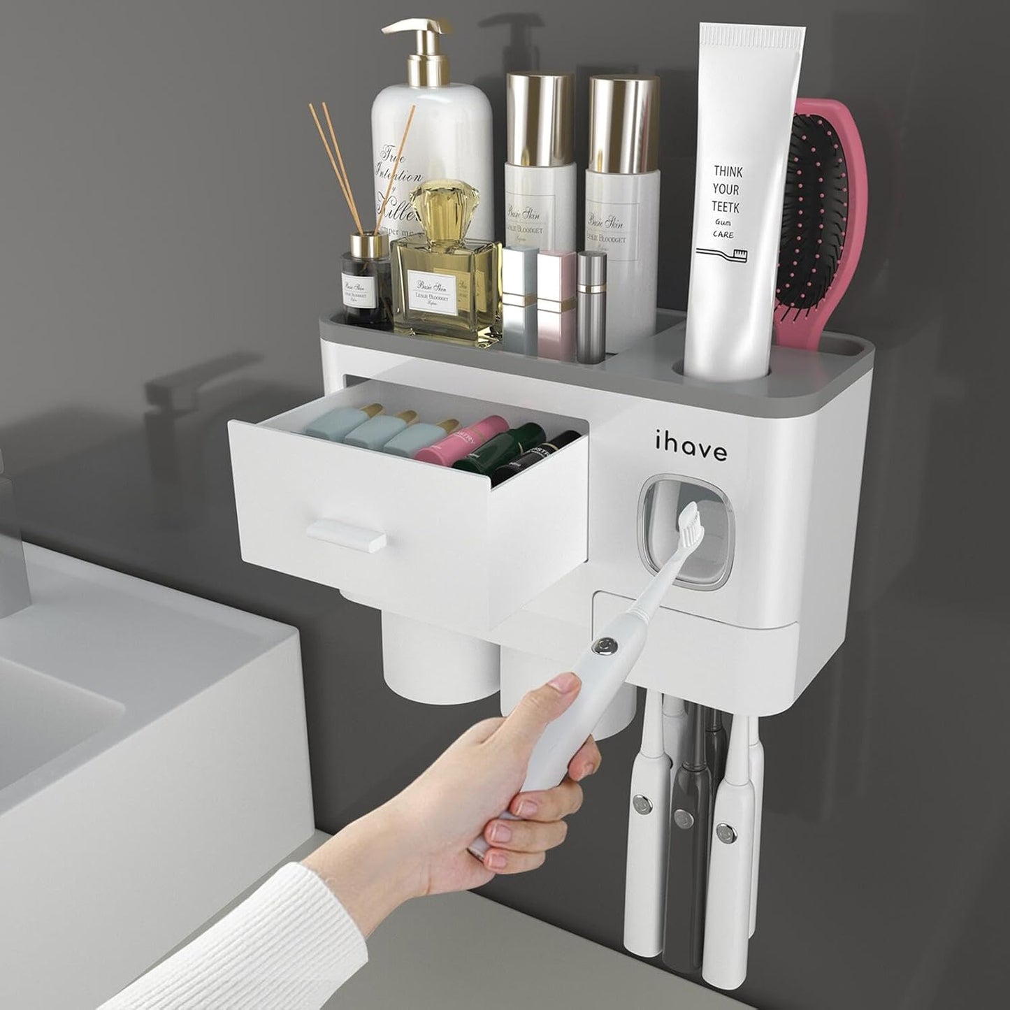 iHave Toothbrush Holders for Bathrooms, 2 Cups Toothbrush Holder Wall Mounted with Toothpaste Dispenser - Large Capacity Tray, Cosmetic Drawer - Tooth Brushing Holder & Bathroom Accessories